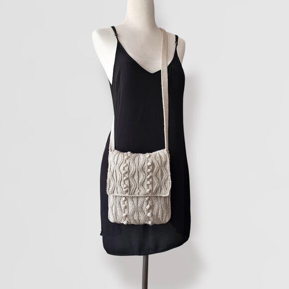 Cableknit Boho Crossbody Bag Cream Beige Crochet Minimalist Festival Knit - Picture 1 of 8